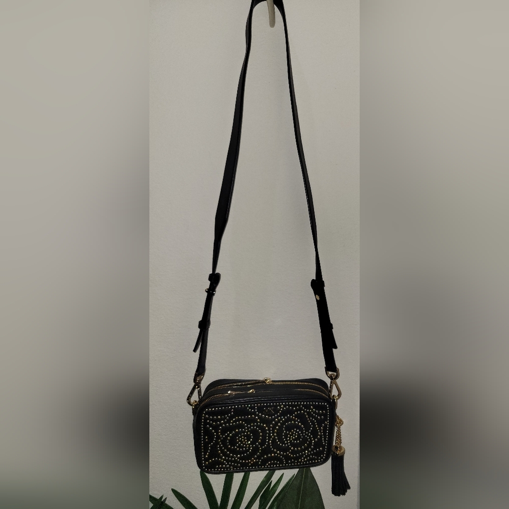 Michael Kors Black Leather And Gold Studded Camera Bag Cross Over Purse